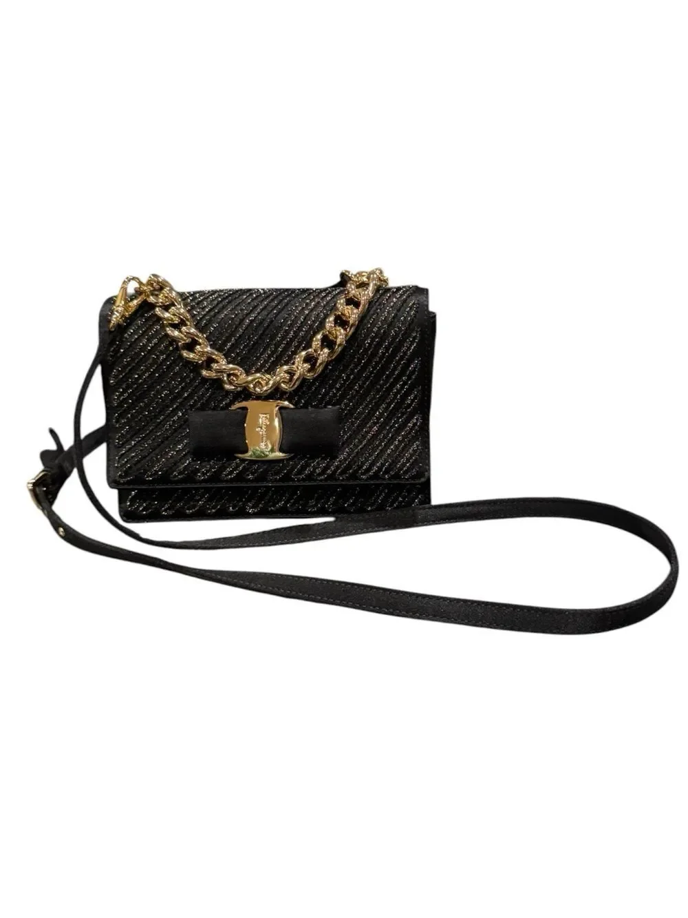 Salvatore Ferragamo Black & Gold Glitter 2way Vara Bow Ginny Crossbody Bag Auth